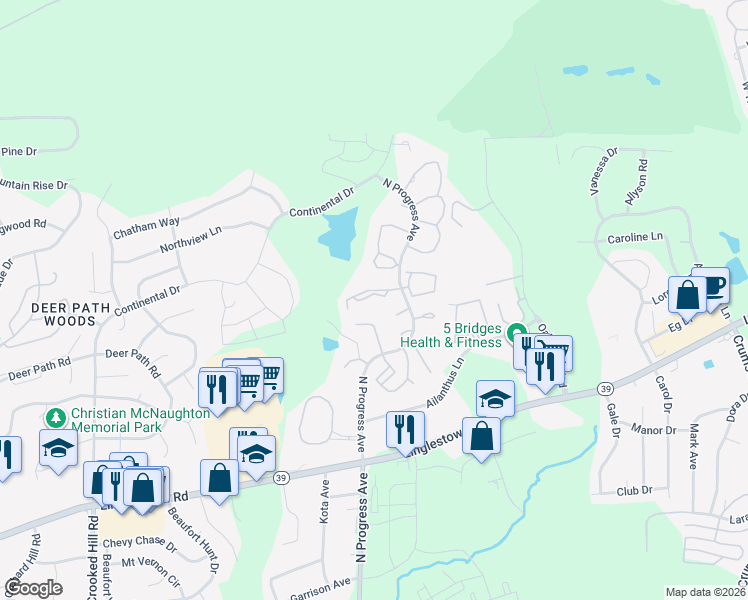 map of restaurants, bars, coffee shops, grocery stores, and more near 222 Timber View Drive in Harrisburg
