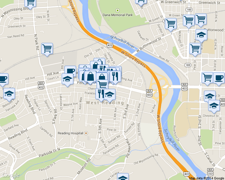 map of restaurants, bars, coffee shops, grocery stores, and more near 411 Cherry St in Reading