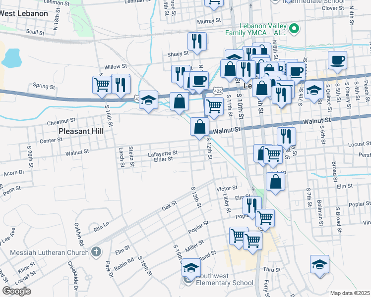 map of restaurants, bars, coffee shops, grocery stores, and more near 1303 Lafayette St in Lebanon