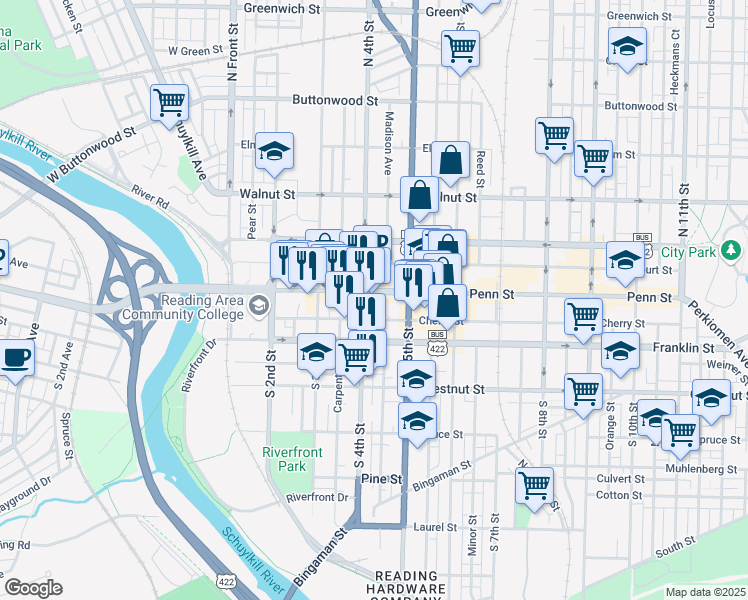 map of restaurants, bars, coffee shops, grocery stores, and more near 4 South 4th Street in Reading