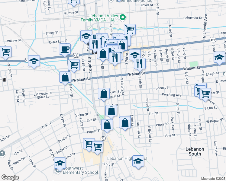 map of restaurants, bars, coffee shops, grocery stores, and more near 811 Locust Street in Lebanon