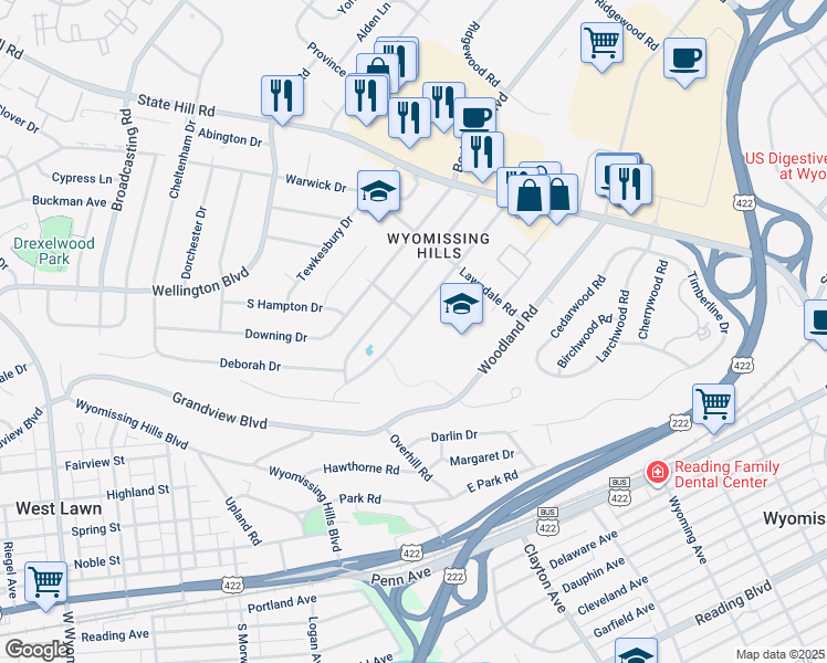 map of restaurants, bars, coffee shops, grocery stores, and more near 49 Valley Road in Reading