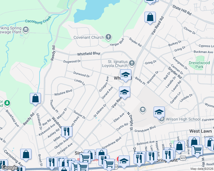 map of restaurants, bars, coffee shops, grocery stores, and more near 2901 Gerard Avenue in Sinking Spring