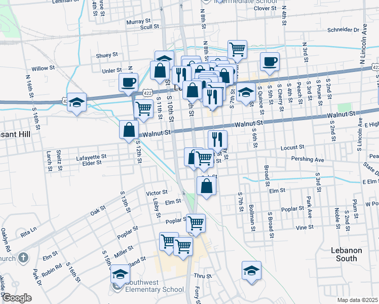 map of restaurants, bars, coffee shops, grocery stores, and more near 247 South 9th Street in Lebanon