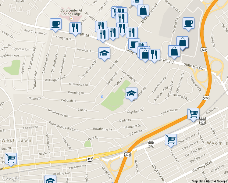 map of restaurants, bars, coffee shops, grocery stores, and more near 49 Valley Rd in Reading