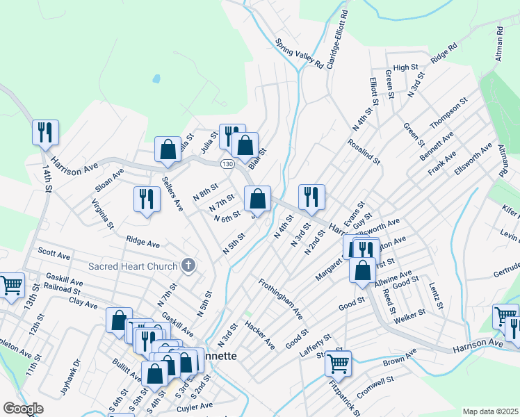 map of restaurants, bars, coffee shops, grocery stores, and more near 508 North 5th Street in Jeannette