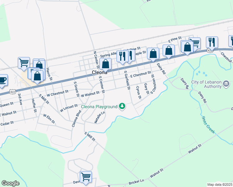 map of restaurants, bars, coffee shops, grocery stores, and more near 50 Walnut Street East in Cleona