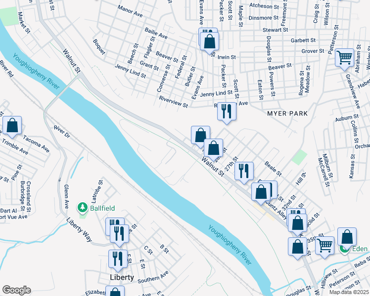 map of restaurants, bars, coffee shops, grocery stores, and more near 2300 Walnut Street in McKeesport