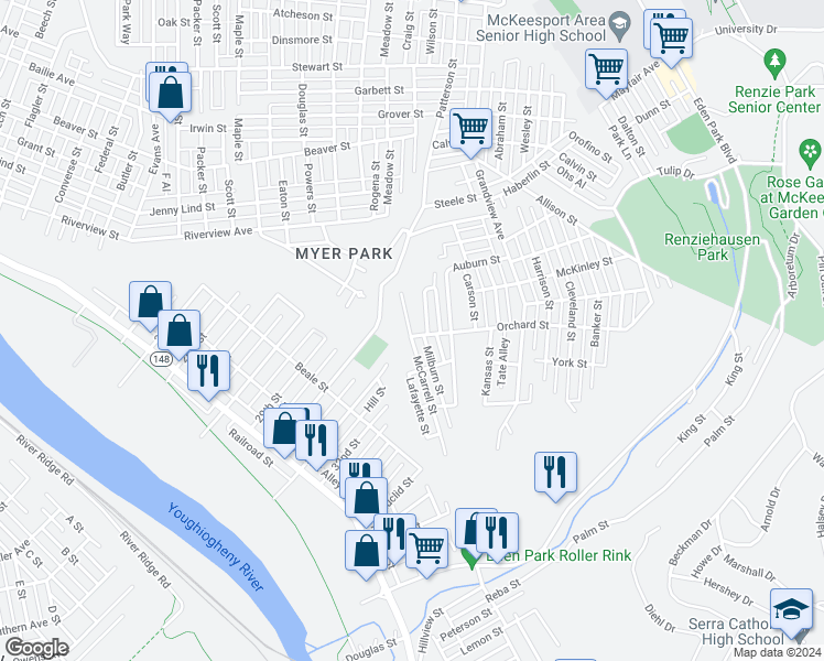map of restaurants, bars, coffee shops, grocery stores, and more near 3101 Orchard Street in McKeesport