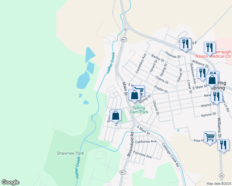 map of restaurants, bars, coffee shops, grocery stores, and more near 326-28 Locust Street in Roaring Spring