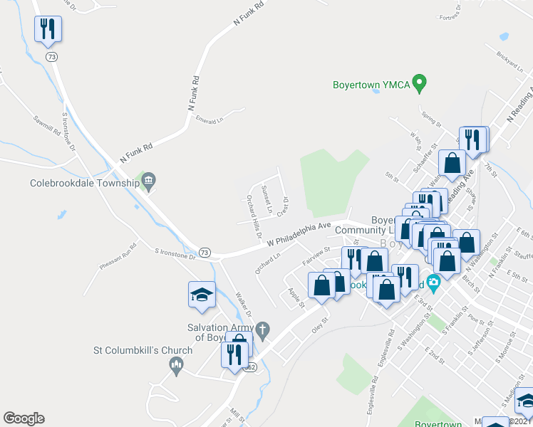 map of restaurants, bars, coffee shops, grocery stores, and more near 19 Crest Drive in Boyertown