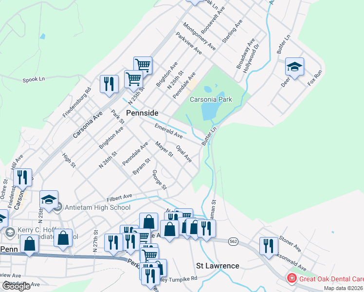 map of restaurants, bars, coffee shops, grocery stores, and more near 501 Washington Street in Reading