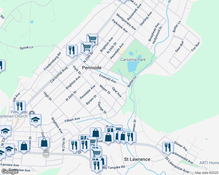 map of restaurants, bars, coffee shops, grocery stores, and more near 202 Opal Ave in Reading