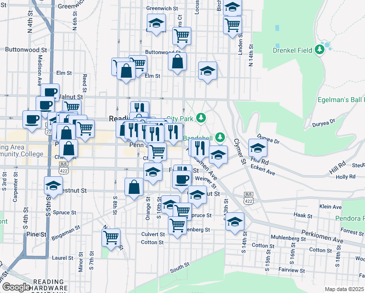 map of restaurants, bars, coffee shops, grocery stores, and more near 1040 Penn Street in Reading