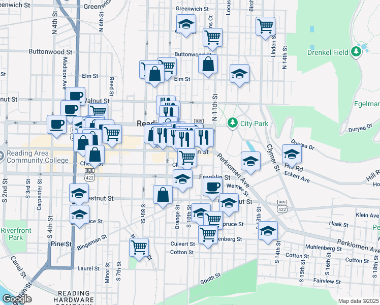 map of restaurants, bars, coffee shops, grocery stores, and more near 1000 Penn Street in Reading