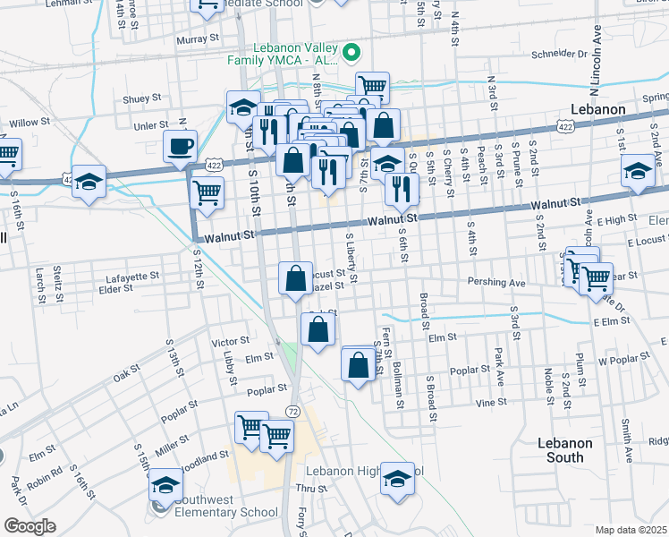 map of restaurants, bars, coffee shops, grocery stores, and more near 761 Locust Street in Lebanon