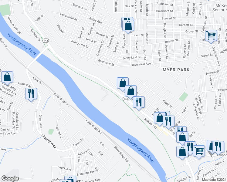 map of restaurants, bars, coffee shops, grocery stores, and more near 2300 Walnut Street in McKeesport