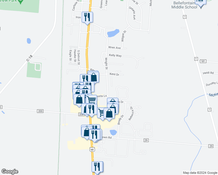 map of restaurants, bars, coffee shops, grocery stores, and more near 429 Woodside Place in Bellefontaine