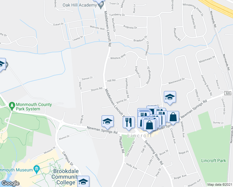 map of restaurants, bars, coffee shops, grocery stores, and more near 23 Howard Court in Lincroft