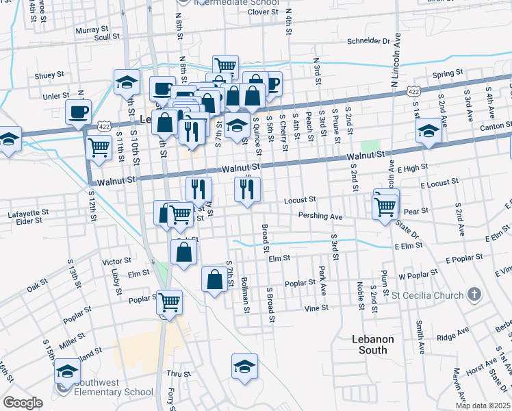 map of restaurants, bars, coffee shops, grocery stores, and more near 540 Locust Street in Lebanon