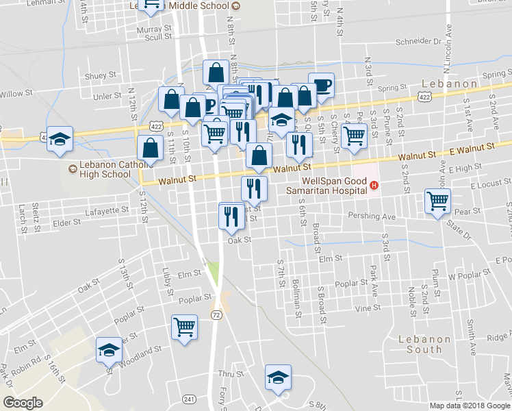 map of restaurants, bars, coffee shops, grocery stores, and more near 761 Locust Street in Lebanon