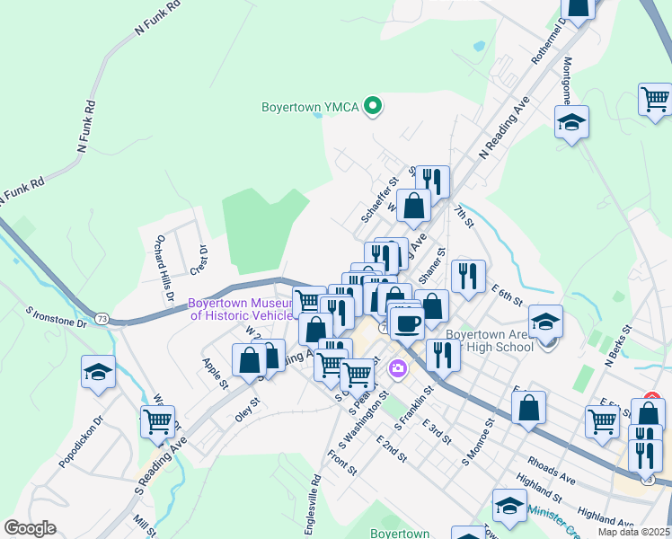 map of restaurants, bars, coffee shops, grocery stores, and more near 23 North Walnut Street in Boyertown
