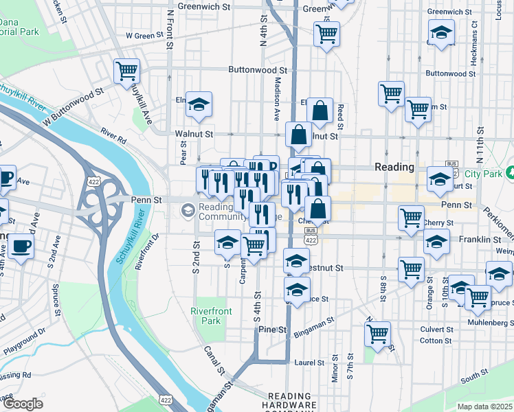 map of restaurants, bars, coffee shops, grocery stores, and more near 4 South 4th Street in Reading