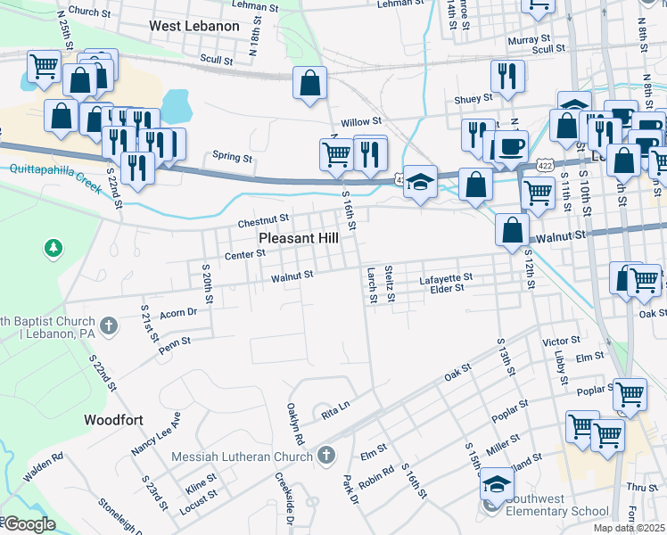 map of restaurants, bars, coffee shops, grocery stores, and more near 230 South 17th Street in Lebanon