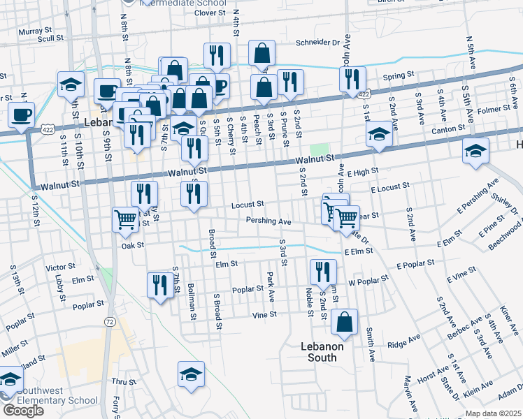 map of restaurants, bars, coffee shops, grocery stores, and more near 310 Park Avenue in Lebanon