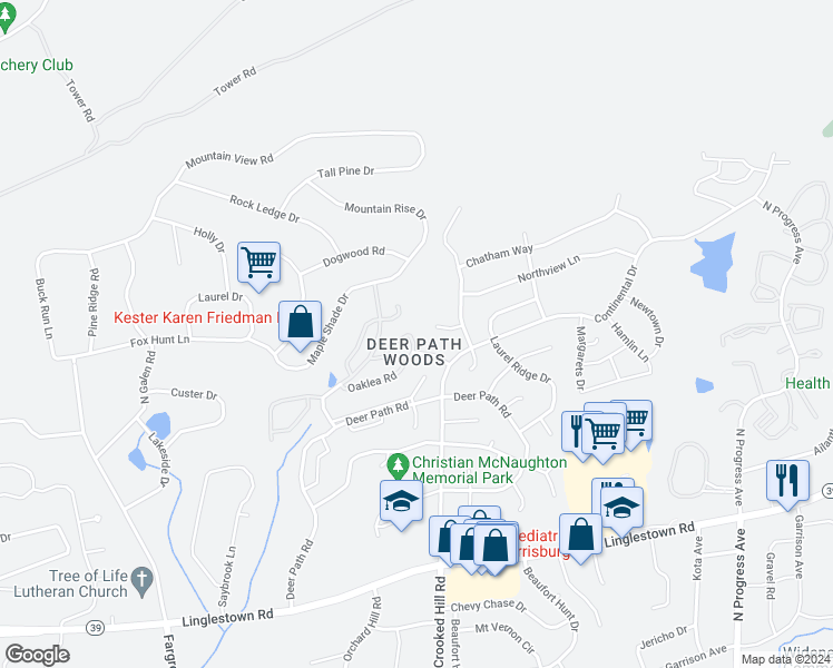 map of restaurants, bars, coffee shops, grocery stores, and more near 171 Oaklea Road in Harrisburg