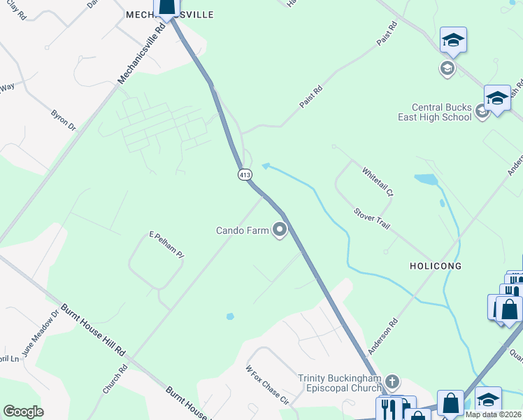 map of restaurants, bars, coffee shops, grocery stores, and more near 4875 Church Road in Buckingham
