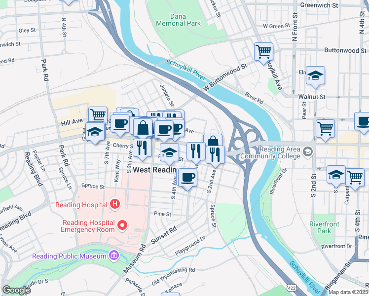 map of restaurants, bars, coffee shops, grocery stores, and more near 326 Penn Avenue in West Reading