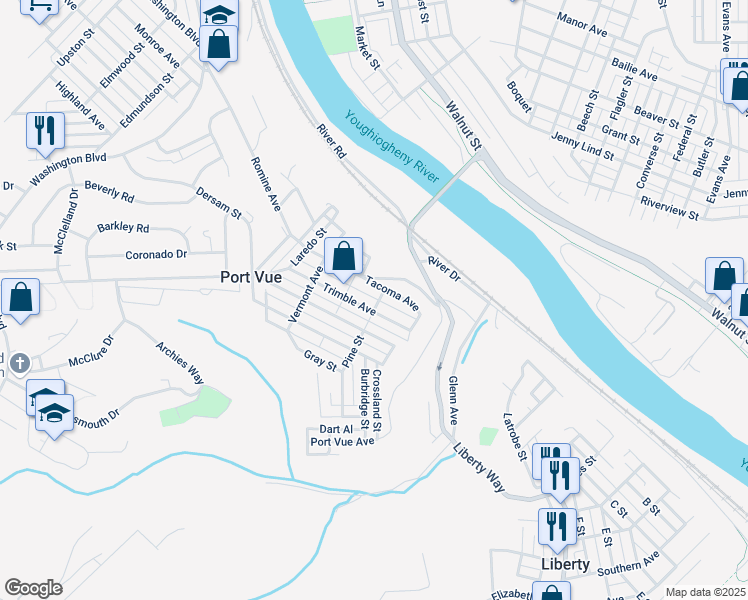 map of restaurants, bars, coffee shops, grocery stores, and more near 1823 Trimble Avenue in McKeesport
