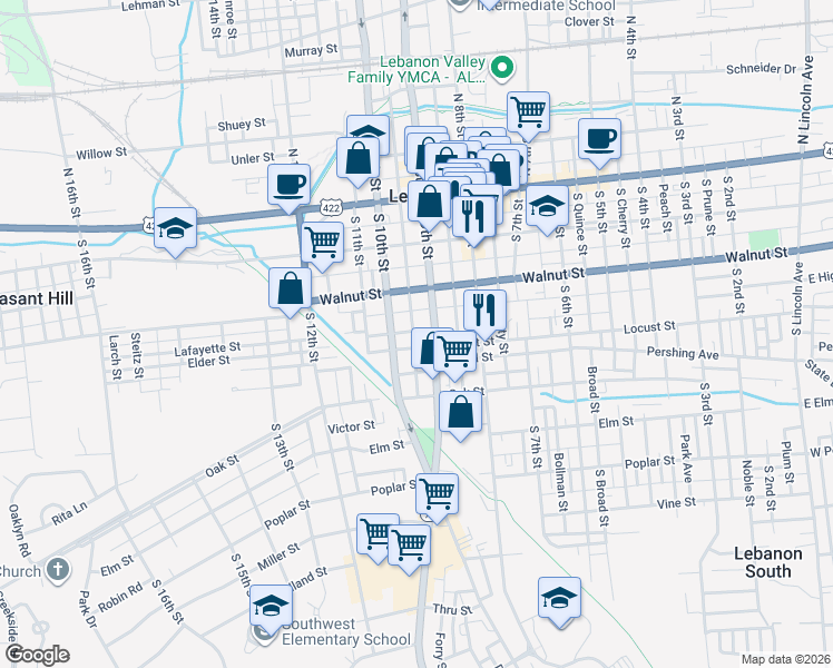 map of restaurants, bars, coffee shops, grocery stores, and more near 252 South Partridge Street in Lebanon