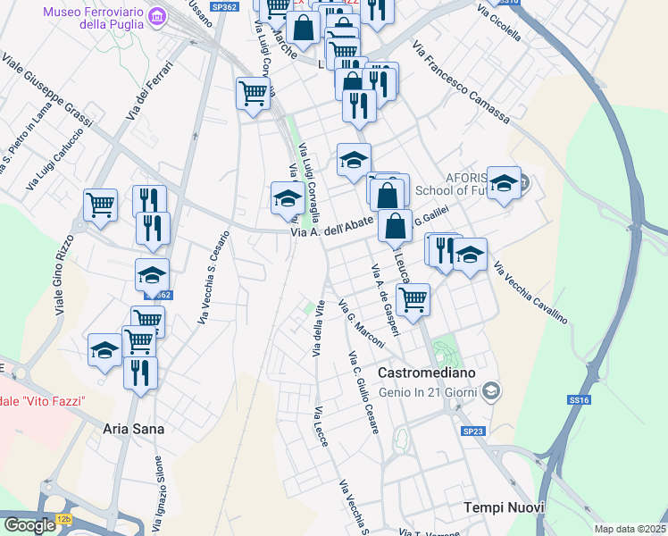 map of restaurants, bars, coffee shops, grocery stores, and more near 65 Via Papa Pio XII in Castromediano