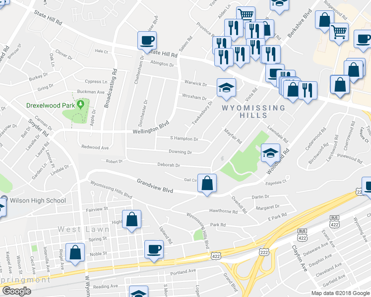 map of restaurants, bars, coffee shops, grocery stores, and more near 60 Downing Drive in Reading