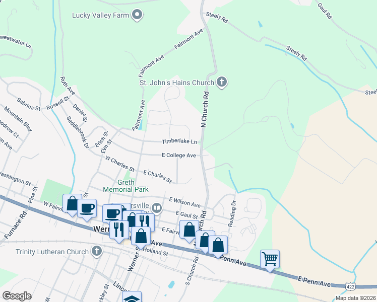map of restaurants, bars, coffee shops, grocery stores, and more near 157 East College Avenue in Wernersville