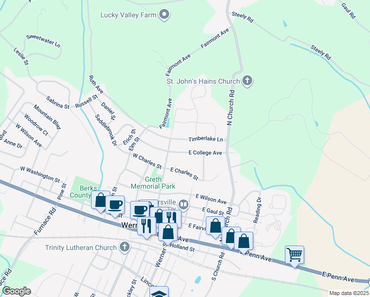 map of restaurants, bars, coffee shops, grocery stores, and more near 65 East College Avenue in Wernersville