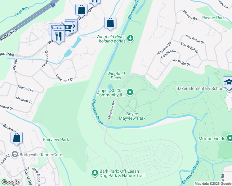 map of restaurants, bars, coffee shops, grocery stores, and more near 1560 Mayview Road in Pittsburgh