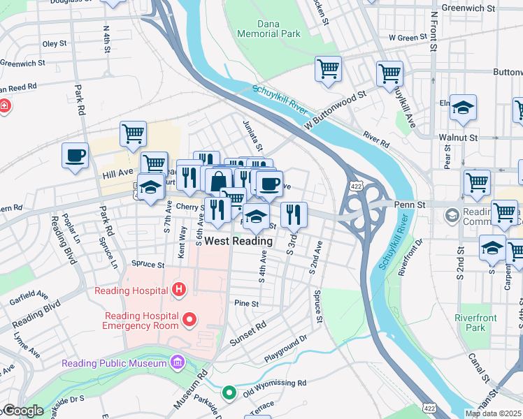 map of restaurants, bars, coffee shops, grocery stores, and more near 411 Cherry St in Reading