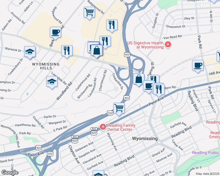 map of restaurants, bars, coffee shops, grocery stores, and more near 154 Leisure Court in Wyomissing