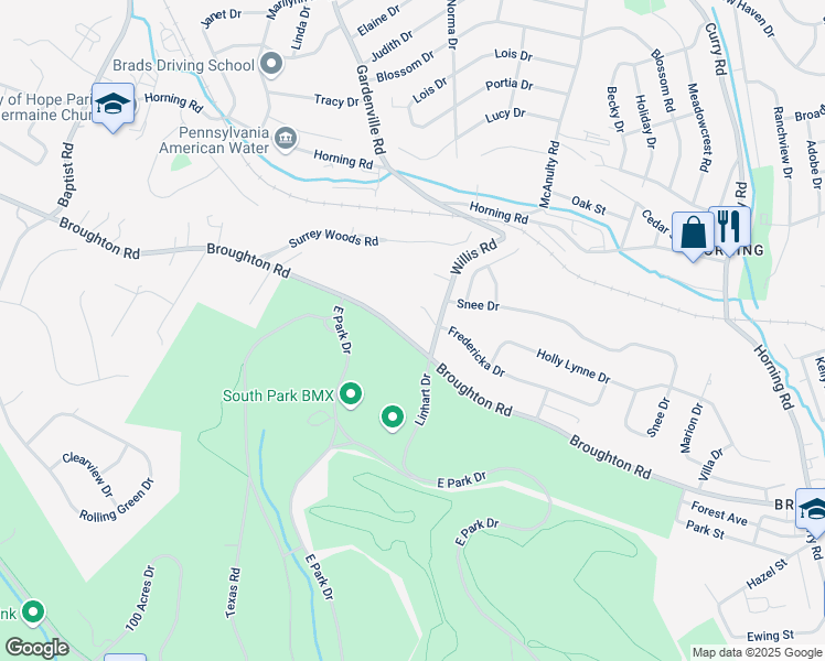 map of restaurants, bars, coffee shops, grocery stores, and more near 797 Broughton Road in Bethel Park
