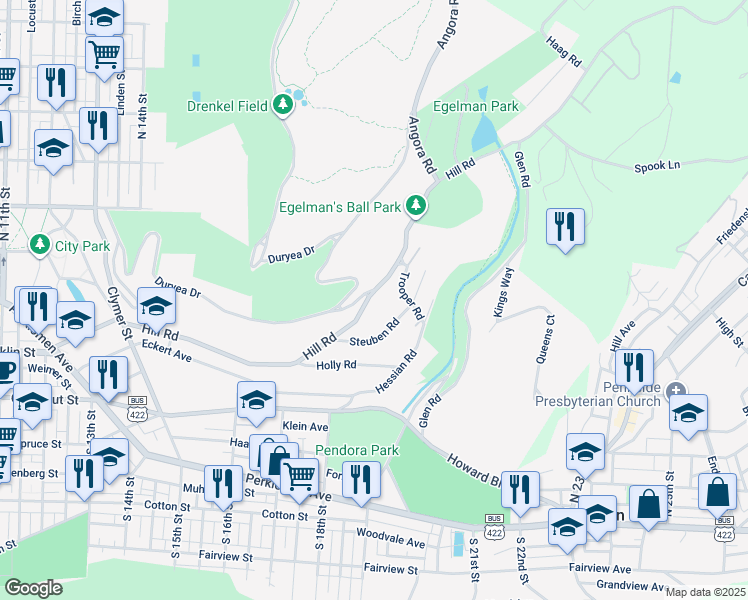 map of restaurants, bars, coffee shops, grocery stores, and more near 1834 Hill Road in Reading