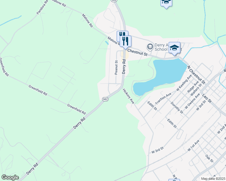 map of restaurants, bars, coffee shops, grocery stores, and more near 5483 Pennsylvania 982 in Derry