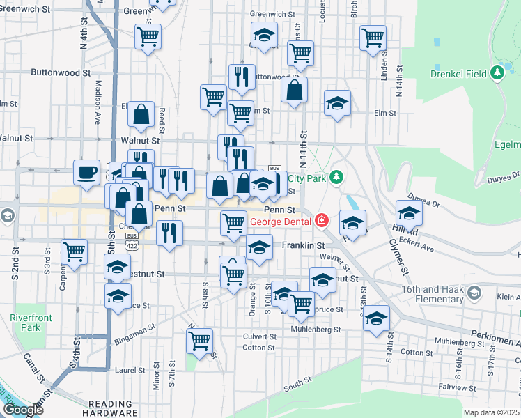 map of restaurants, bars, coffee shops, grocery stores, and more near 955 Penn Street in Reading