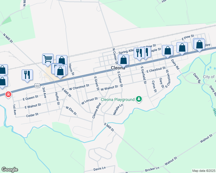 map of restaurants, bars, coffee shops, grocery stores, and more near 103 West Walnut Street in Cleona