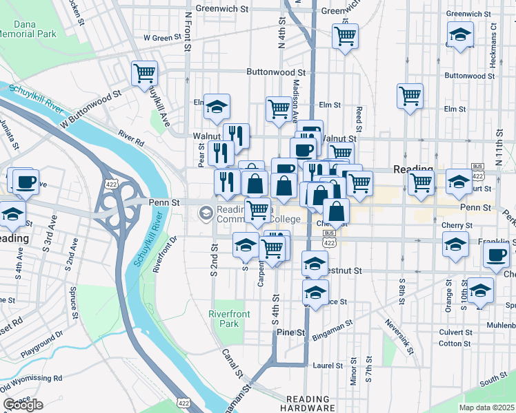 map of restaurants, bars, coffee shops, grocery stores, and more near in Reading