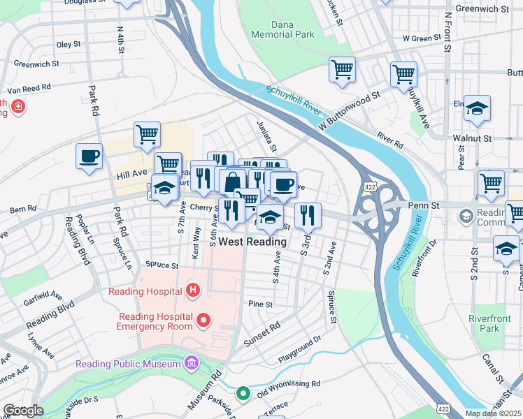 map of restaurants, bars, coffee shops, grocery stores, and more near 417 Cherry Street in West Reading