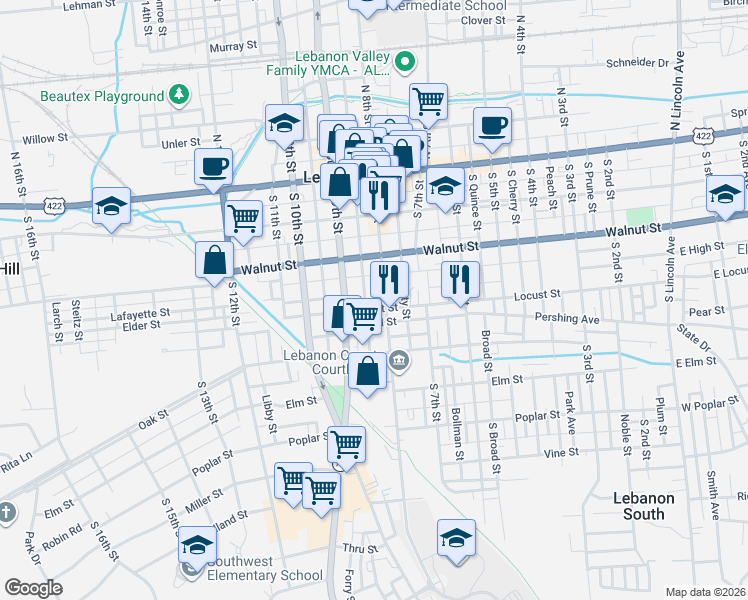 map of restaurants, bars, coffee shops, grocery stores, and more near 811 Locust Street in Lebanon