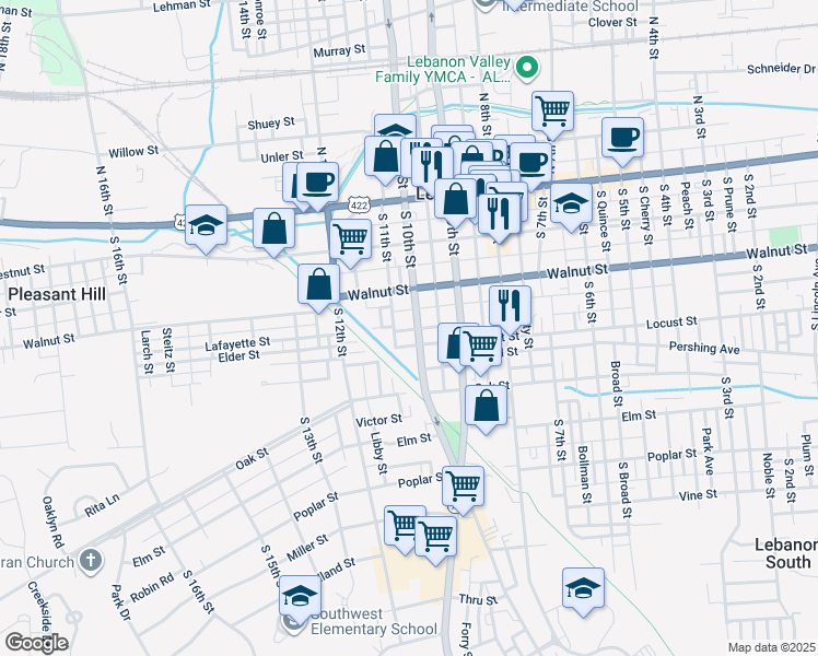 map of restaurants, bars, coffee shops, grocery stores, and more near 254 South 11th Street in Lebanon